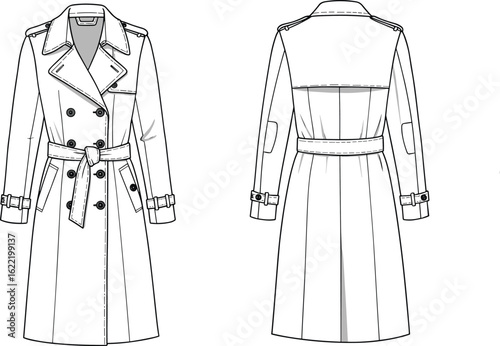 Technical flat sketch of a women's double-breasted trench coat in beige, featuring a classic notched collar, shoulder epaulets, belted waist, storm flaps, and buttoned cuffs, 