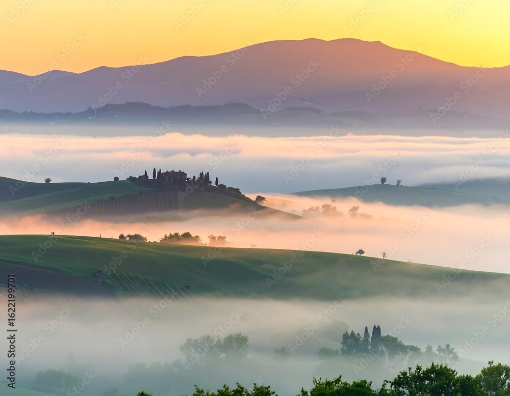 Obraz premium Misty sunrise over rolling green hills and a traditional farmhouse in the picturesque Tuscan countryside.