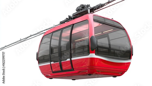Red cable car cabin suspended in mid-air