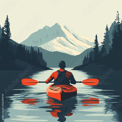 kayaking on the lake, vector style simple color