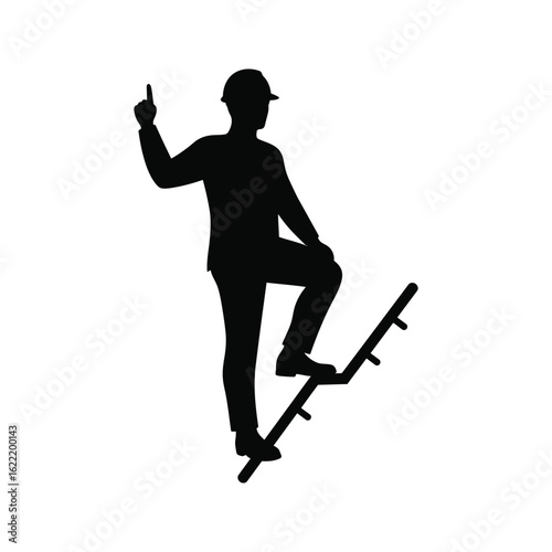 Silhouette of Construction Worker Climbing Ladder Pointing Upward Safety Gear