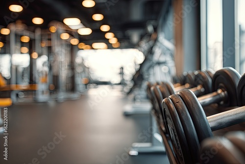 Gym interior with dumbbells in focus.  A  view of a modern fitness center.  Gray and black equipment.  Blurred background with machines and other workout gear.  Several dumbbells in the foreground
