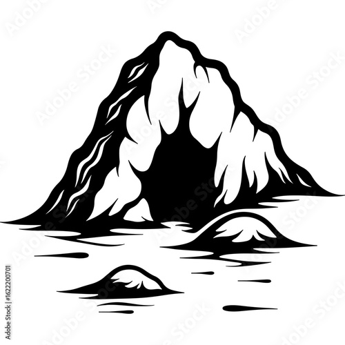 Sketchy emblem of hidden entrance to the cave. Engraving minimalistic vector in black ink drawing on transparent background