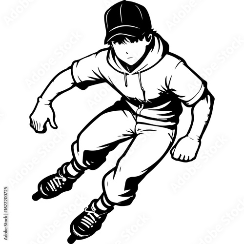 Sketchy sport emblem of street roller skater takes a turn on a bend. Engraving minimalistic vector in black ink drawing on transparent background