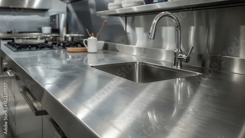 Commercial kitchen stainless steel countertop with sink and faucet