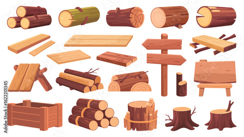 Wood tree logs, stumps and trunks, wooden pieces flat cartoon vector illustration. Lumber and firewood cut branches, lumberjack materials, campfire and woodwork planks big set collection 