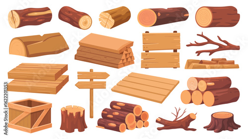 Wood tree logs, stumps and trunks, wooden pieces flat cartoon vector illustration. Lumber and firewood cut branches, lumberjack materials, campfire and woodwork planks big set collection 