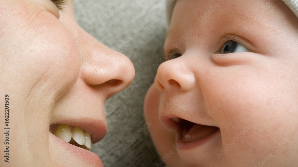 Obraz premium Loving Gaze Smiling Baby Looking Up at Mother Face in Soft Light with White Cap