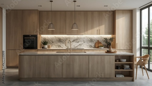 Modern natural wood kitchen with island and marble backsplash