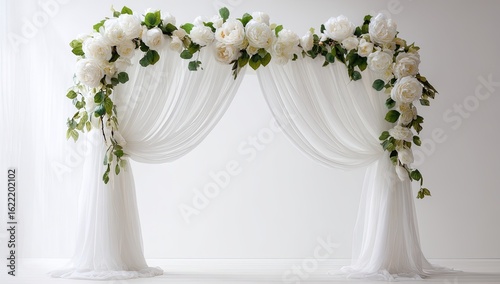 Elegant white wedding arch adorned with cascading flowers and sheer fabric