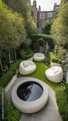 A modern, meticulously landscaped garden with white, sculpted seating, a circular water feature, and lush greenery