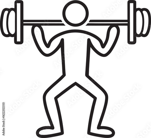 Line art icon of a person doing barbell squats for strength training and fitness