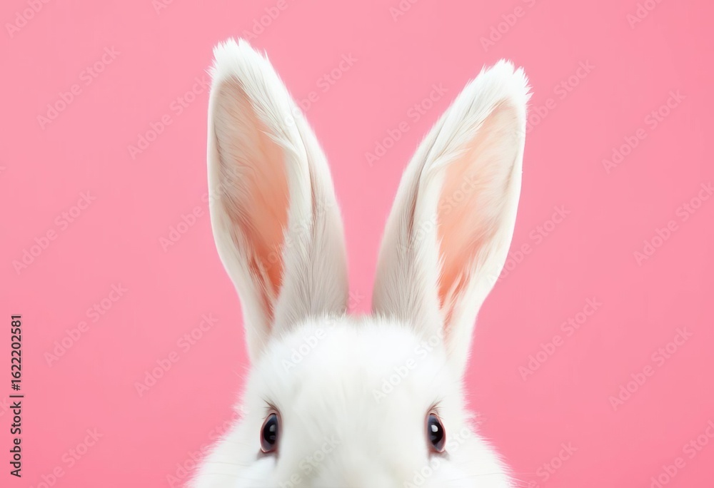 Obraz premium Two fluffy white bunny ears playfully emerge from a soft pink background , playful, delicate