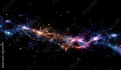 Cosmic nebulae swirls across a dark expanse of space.  Vibrant hues of pink, orange, and blue illuminate cosmic dust and gas formations.  Scattered stars punctuate the void