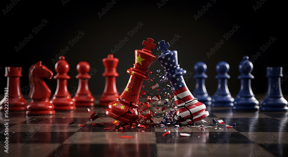 Fototapeta premium China vs USA conflict illustrated with chess pieces breaking