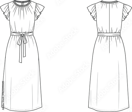 Technical flat sketch of a women's midi shirt dress featuring a classic collar, front button placket, multiple patch pockets, side slits, and a tie belt, presented in front and back views, 