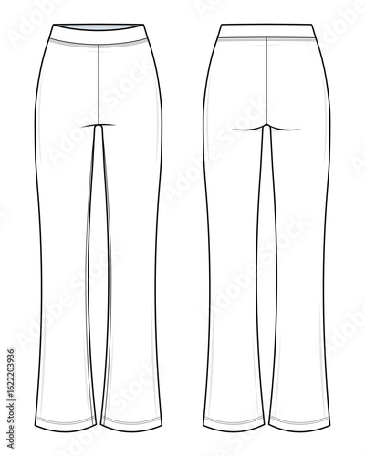 Flared High-Waisted Leggings Technical Fashion Illustration. Women’s Full-Length Leggings Vector Template. Front and Back View. Comfortable Fit. Casual Streetwear. White Color. CAD Mockup.
