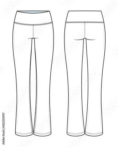 Mid-Rise Flared Leggings Technical Fashion Illustration. Women’s Full-Length Leggings Vector Template. Front and Back View. Comfortable Fit. Wide Waistband. White Color. CAD Mockup.