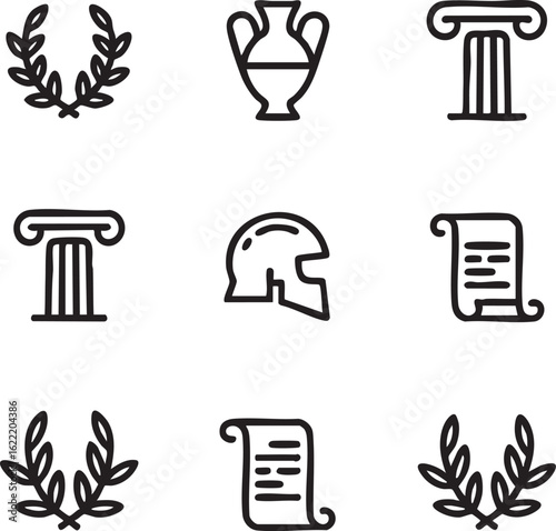 Ancient greece vector icon set outline icons,editable stroke laurel wreath,vase,column,helmet,scroll,history,antique