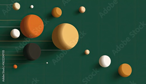 Abstract graphic design with spheres of varying colors and sizes against a dark teal background.  x