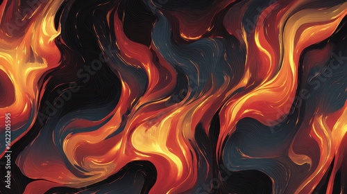 Abstract fiery waves with dynamic shades of red, orange and black color. Perfect for backgrounds needing bold and energetic visual power.