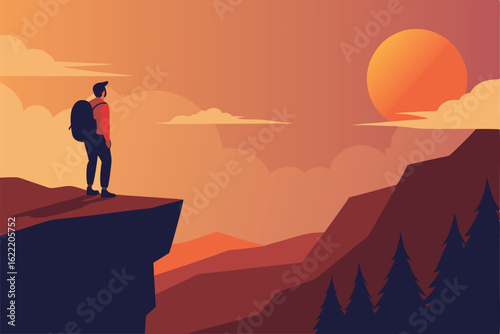 backpacker looking over cliff at sunrise  motivati.eps