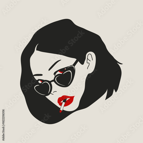 Fashionable female face art with cigarette and heart glasses