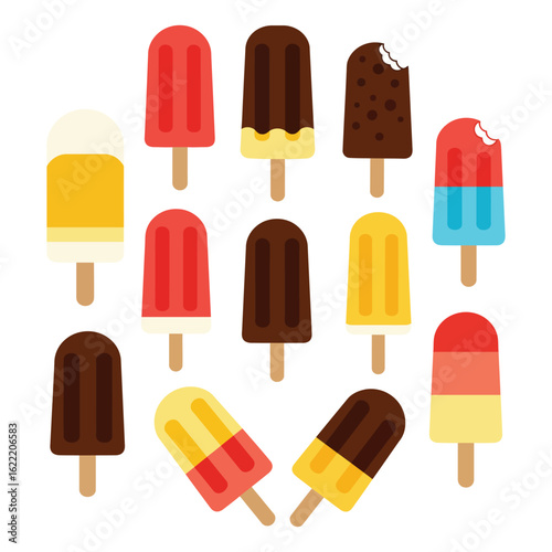 Collection of colorful ice cream popsicles isolated on white background, a sweet summer treat with different flavors and designs for a refreshing dessert