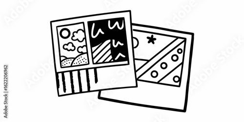 Doodle art photo album with memories and snapshots, black and white drawings of polaroid photos, artwork vector Illustration