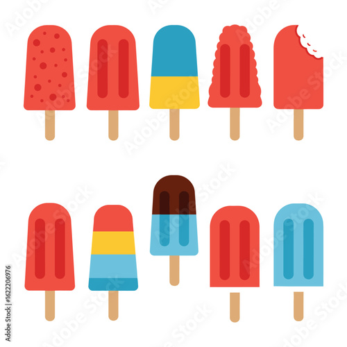 Collection of colorful ice cream popsicles isolated on white background, a sweet summer treat with different flavors and designs for a refreshing dessert