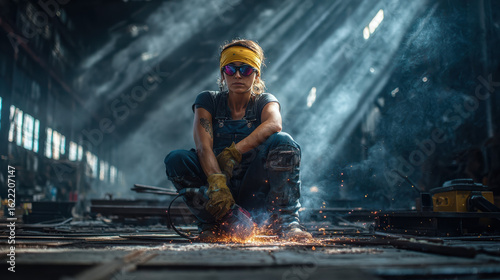 Wallpaper Mural Labor Day tribute with woman welding on workshop floor under moody light

 Torontodigital.ca
