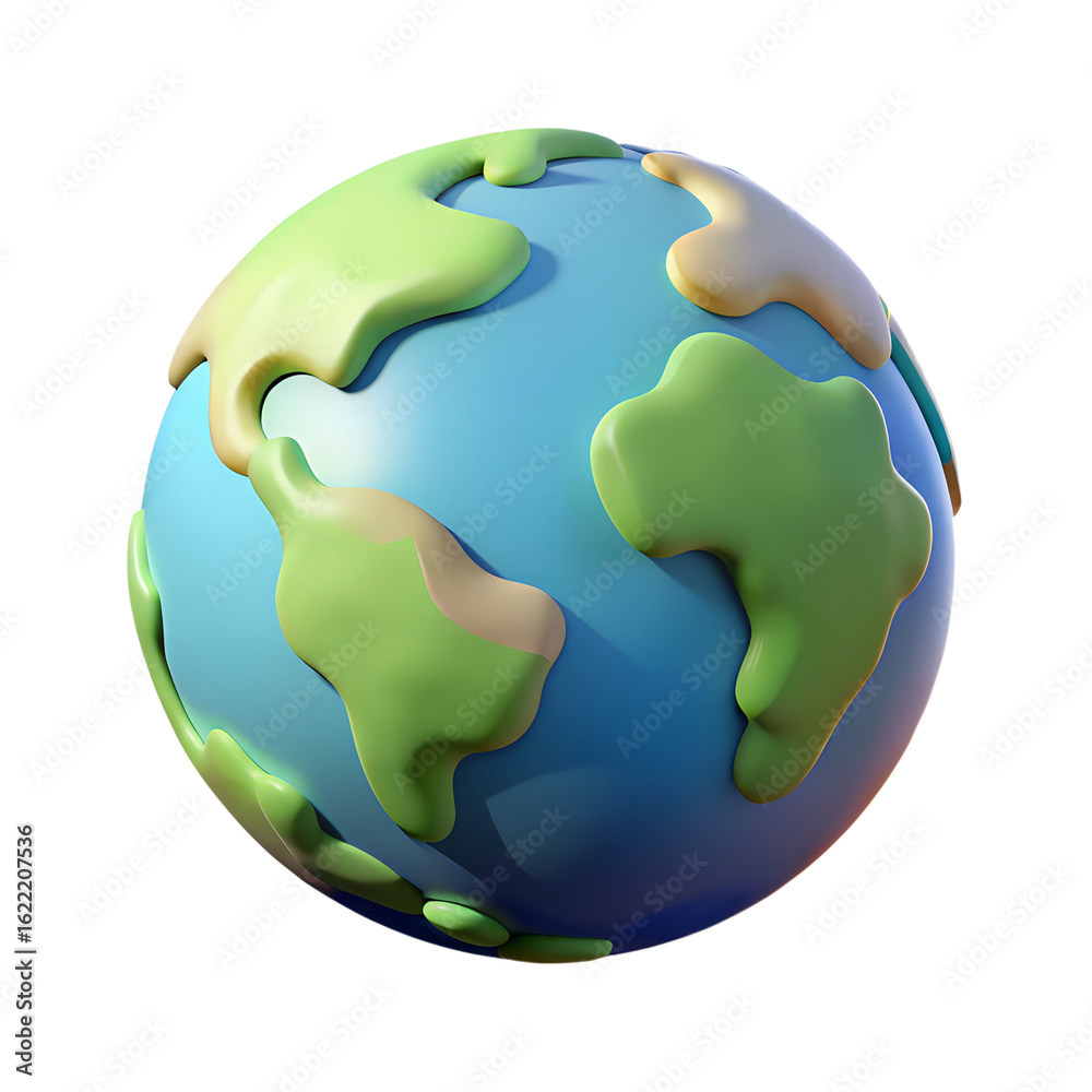 Naklejka premium Earth 3D Rendering, Cartoon Plastic Style Icon, Pastel Colors, Isolated on White Background