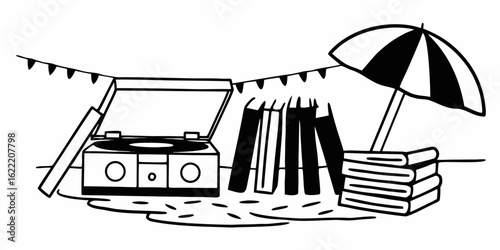 Vintage record player books umbrella beach scene vector illustration summer vacation relaxation music reading sun 100 vector Illustration