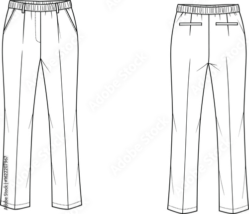 Technical flat sketch of a women's long-sleeve dress featuring a crew neck, elasticated waist, gathered skirt, and full back button placket, presented 