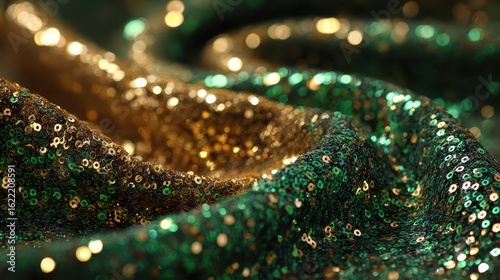 Shiny green and gold sequined fabric creates blurred lines and abstract shapes. Use as a backdrop for festive designs or holiday greetings.