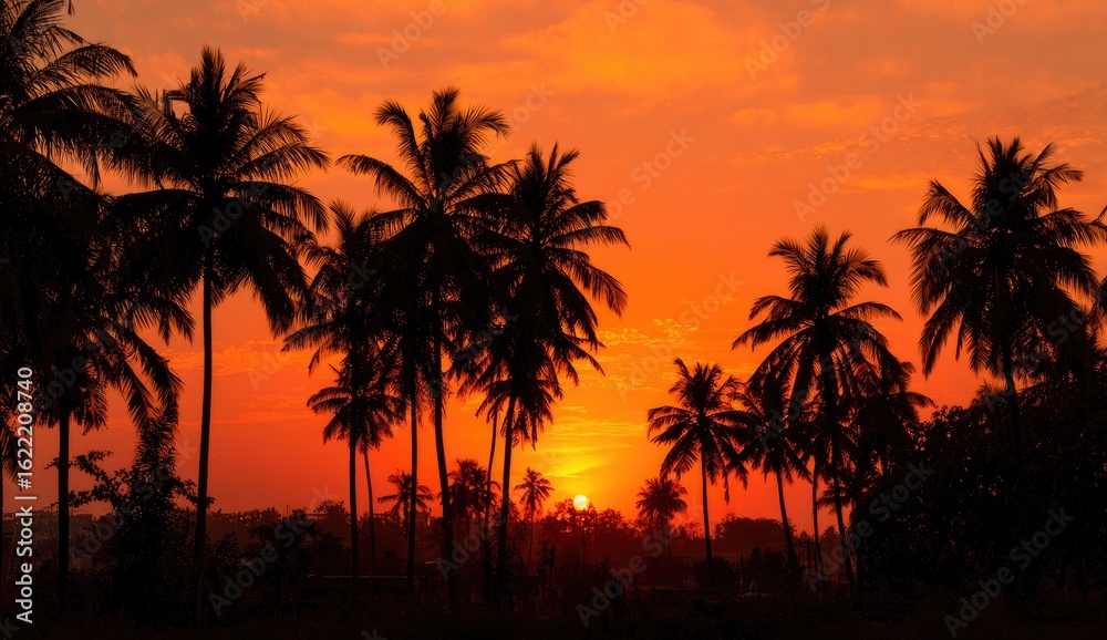 Obraz premium Silhouetted palm trees against a fiery sunset (1)