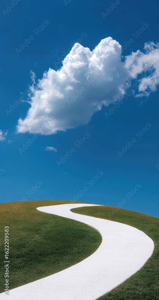 Naklejka premium Winding white path ascends grassy hill under a vibrant blue sky, featuring a large, fluffy white cloud
