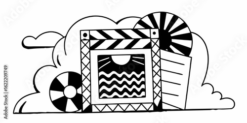 Film movie production clapperboard cinema scene with sun sea and clouds filmmaking vector illustration vector Illustration