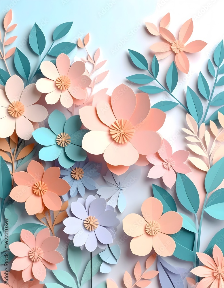 Fototapeta premium Pastel Paper Flowers and Leaves Composition with Detailed Texture and Shadows