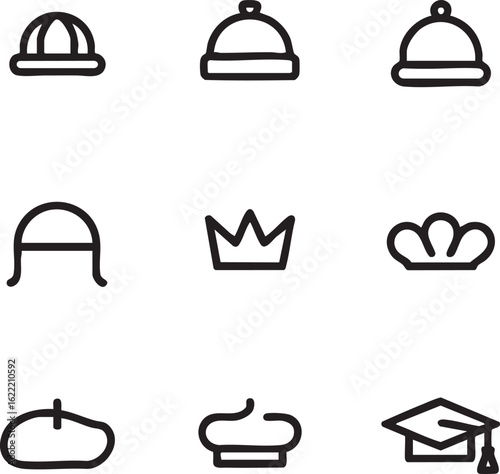 Hats and headwear vector icon set outline style beanie,crown,beret,graduation cap,cook hat,chef hat,bouffant cap icon set