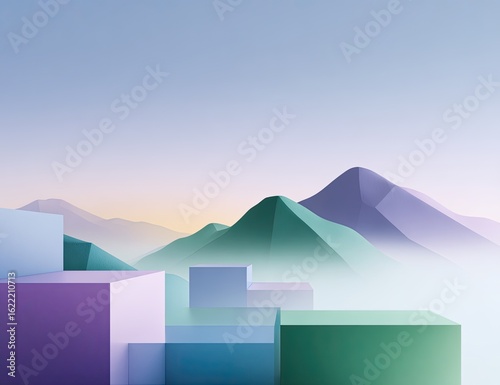 Pastel-toned 3D landscape with geometric shapes. 