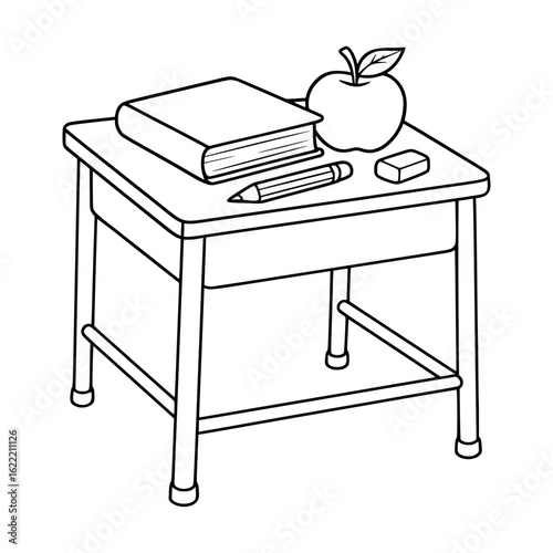 School Desk with Book, Apple, and Pencil – Educational Coloring Page for Kids