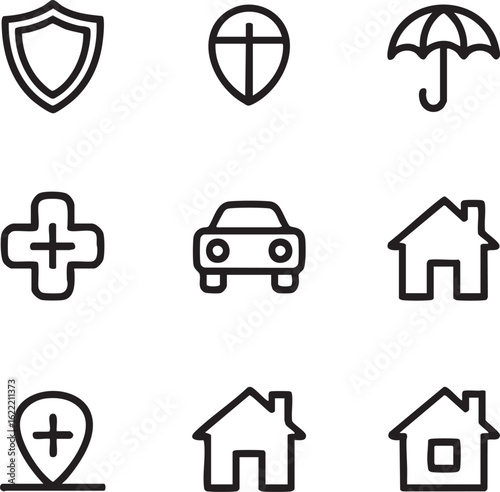 Wallpaper Mural Insurance and protection vector icon set outline style health,shield,car,umbrella,home,location icon set Torontodigital.ca