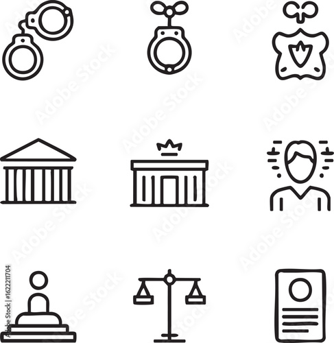 Justice and law vector icon set outline style,editable stroke handcuffs,courthouse,police badge,judge,law scales,criminal,court,identification card