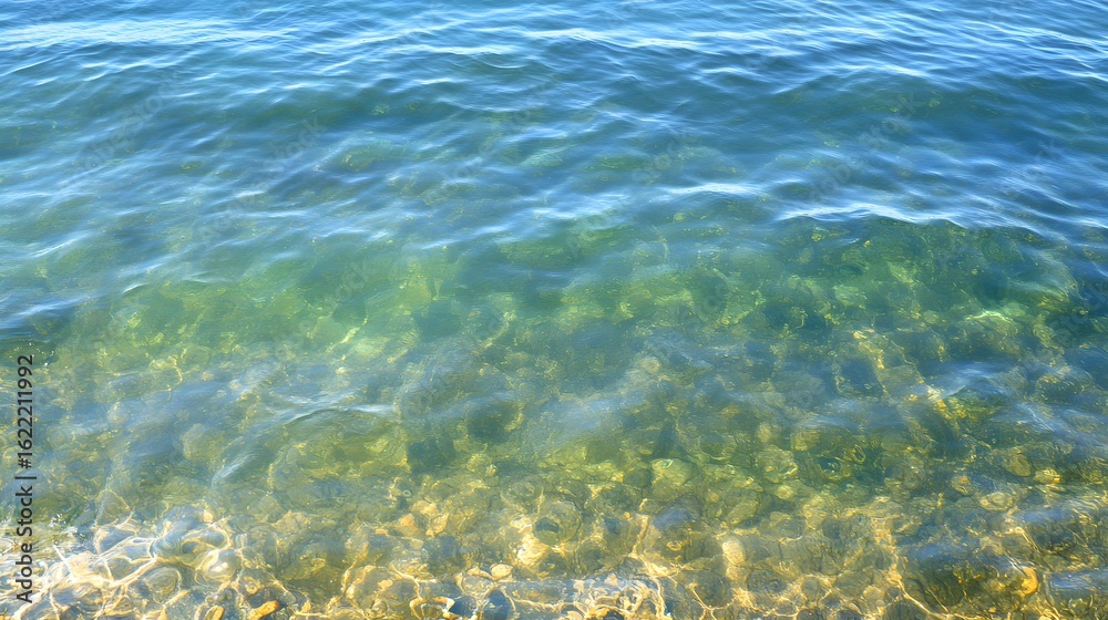 Obraz premium Crystal Clear Water Above Rocky Seabed, Vibrant Ocean Texture