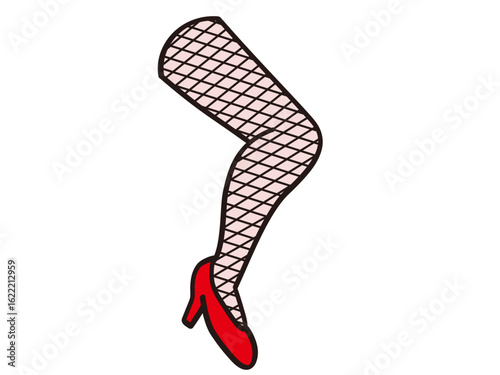 網タイツを履いた赤いヒールの女性の足