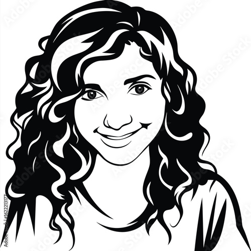 Black and white of a curly haired, smiling young woman with shirt