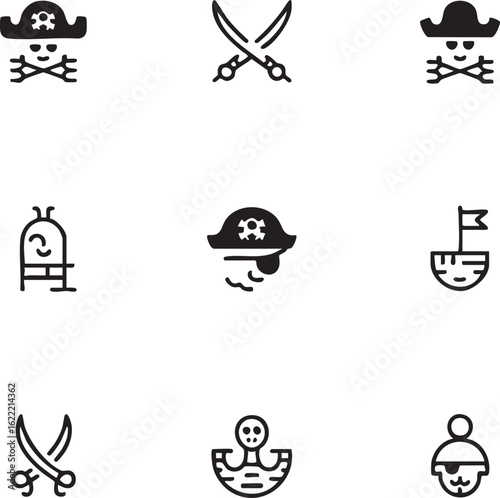 Pirate vector icon set solid style,black and white pirate,skull,crossed swords,ship,treasure chest,oneeyed pirate,captain,boat,map,gold