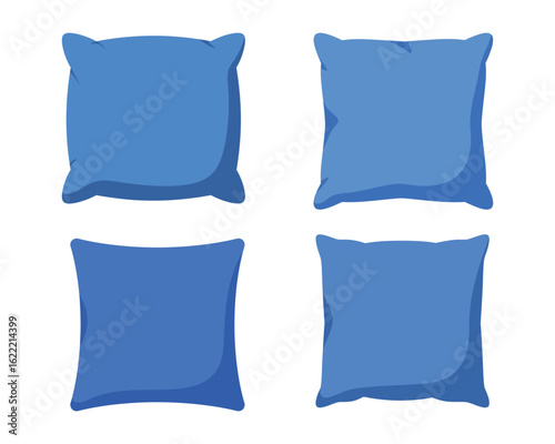 Four blue pillows isolated on white background in different shapes, a cozy and decorative element for home interior design and comfortable rest