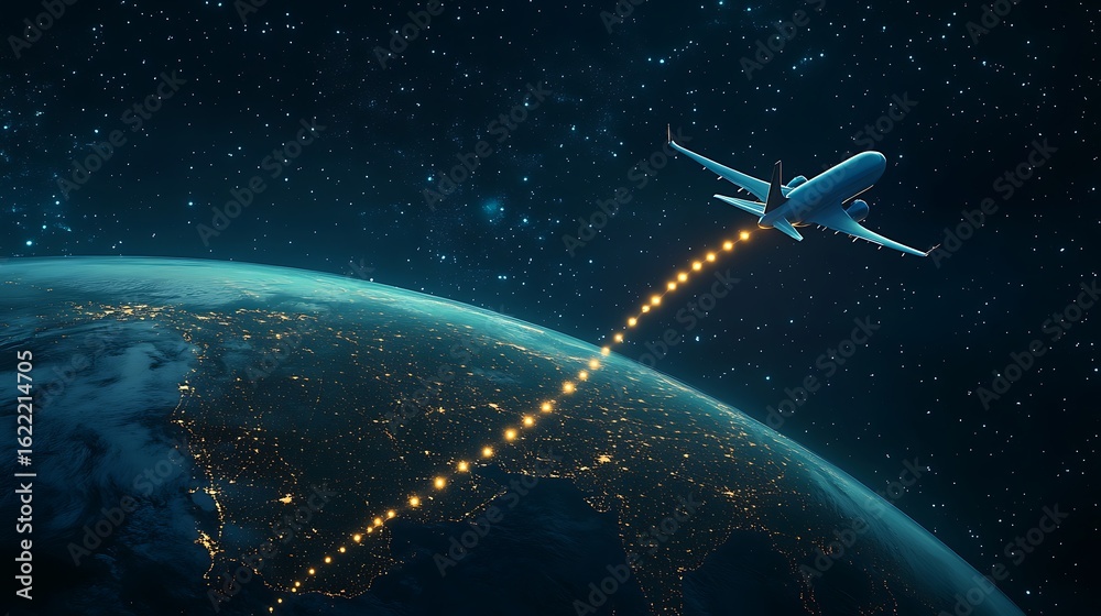 Obraz premium Airplane Flying From Earth Into Space City Lights And Starry Sky